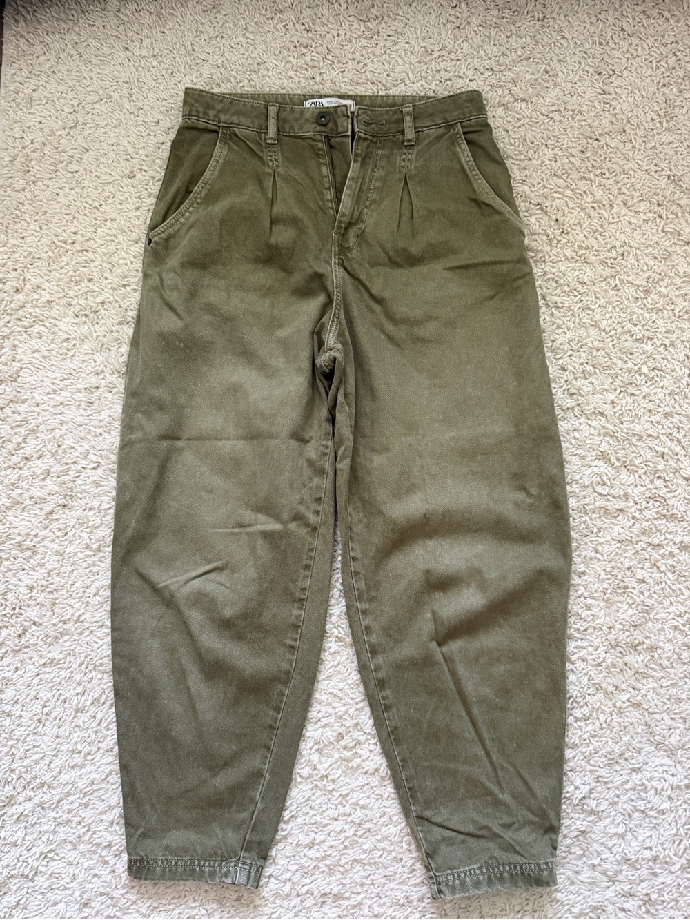 Zara High-Rise Olive Green Pleated Jeans